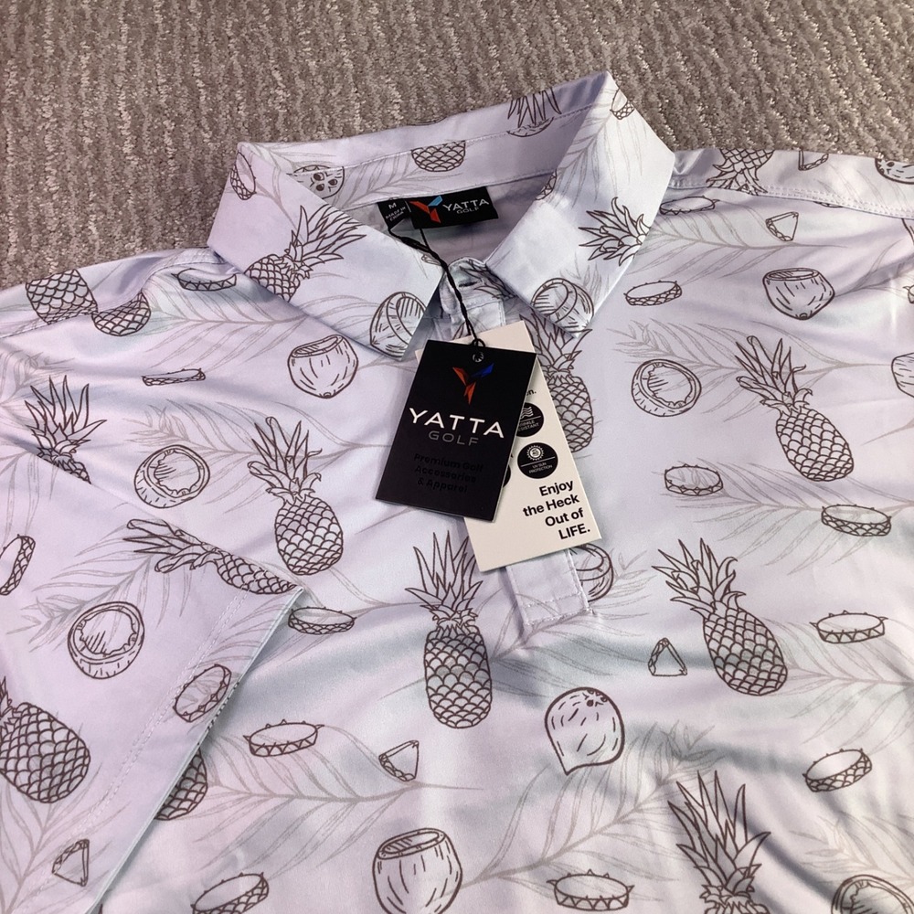 Yatta Golf Polo Shirt Mens Medium Pina Colada Pineapple Coconut Print NWT‎